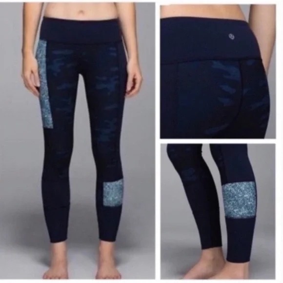LULULEMON Sz 4 Wunder Under‎ Pant Luon Sashiko Blue Camo Patchwork Leggings - Picture 1 of 13
